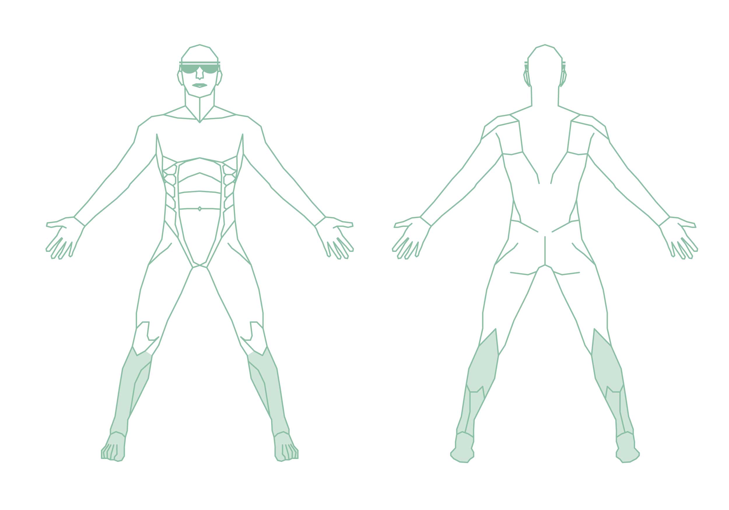 Illustration eines Menschen mit den sichtbar abgegrenzten Körperregionen Füße und Unterschenkel