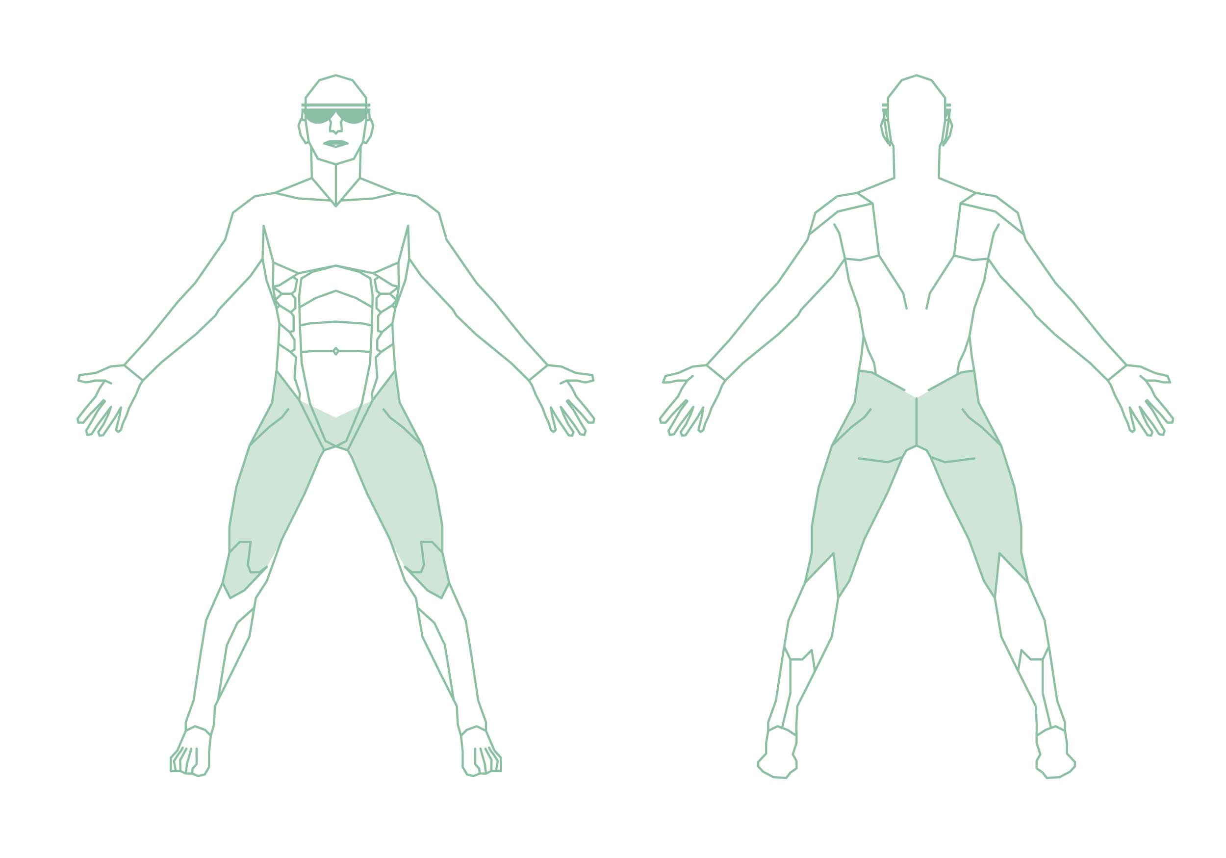 Illustration eines Menschen mit den sichtbar abgegrenzten Körperregionen Hüfte, Knie & Oberschenkel