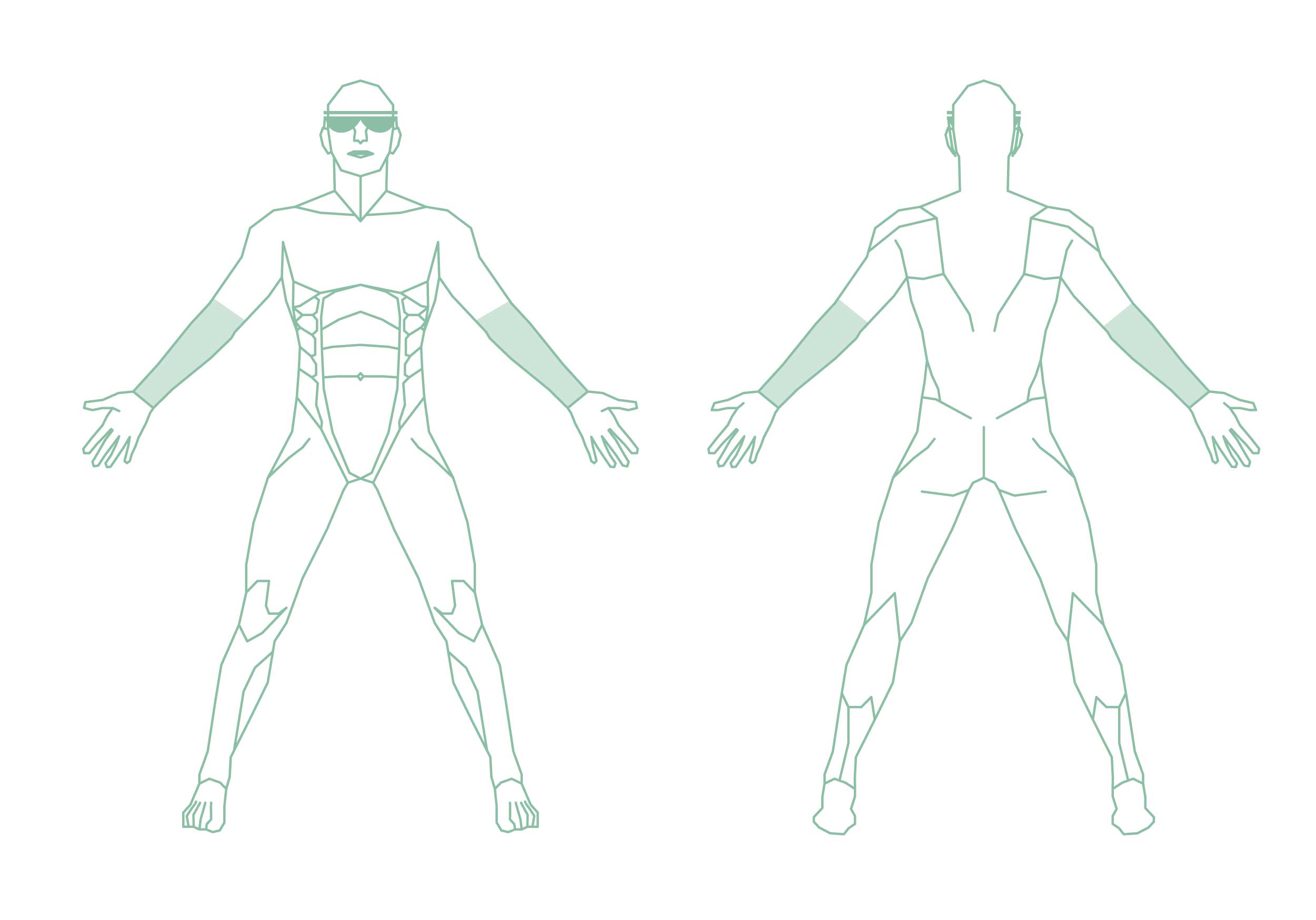 Illustration eines Menschen mit den sichtbar abgegrenzten Körperregionen Unterarme